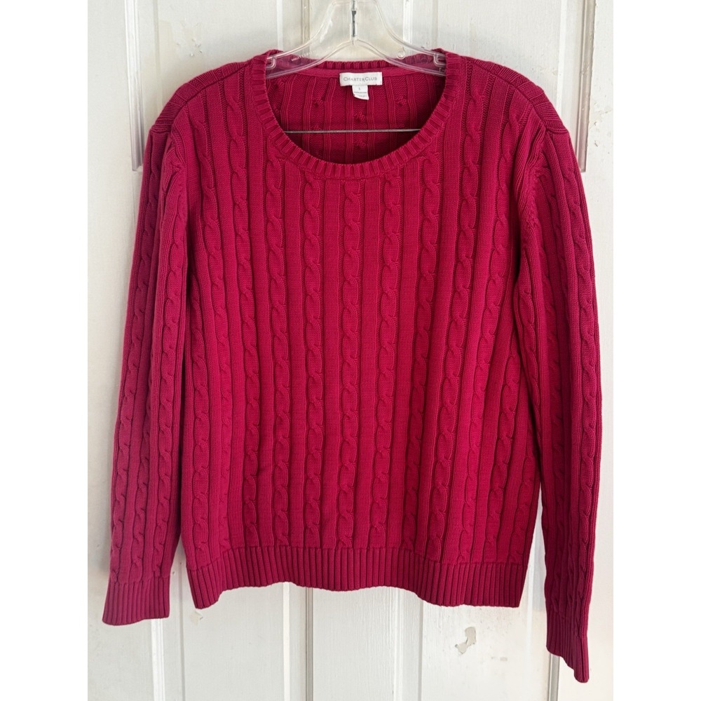 Charter Club Sweater‎ Cable Knit Soft Girl Classic Luxury Preppy Raspberry Sz L